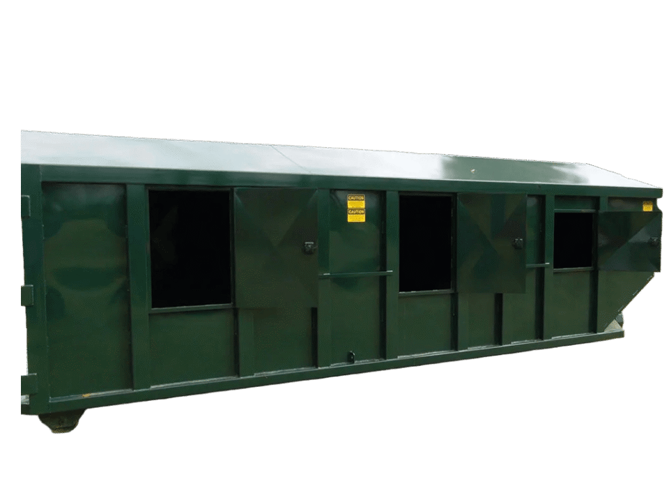 A green Nedland recycling roll off dumpster