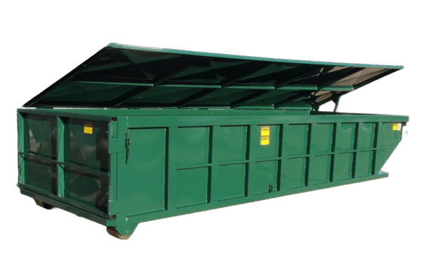 A green Nedland roll off dumpster with lid