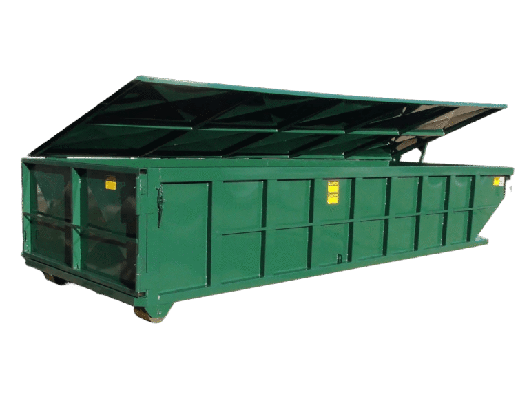 A green Nedland roll off dumpster with lid