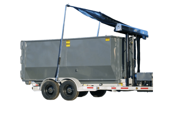 A roll off trailer with a gray dumpster and tarping system