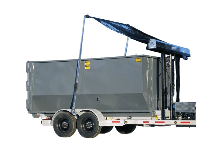 A roll off trailer with a gray dumpster and tarping system