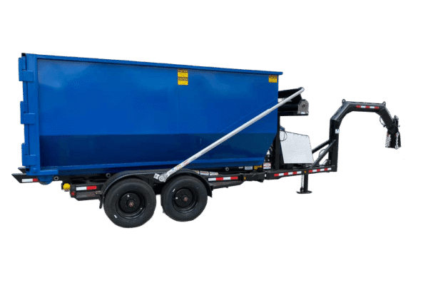 A Nedland roll off dump trailer with a blue roll off box