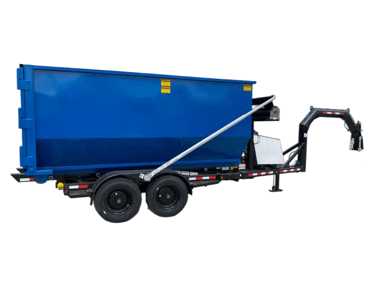 A Nedland roll off dump trailer with a blue roll off box