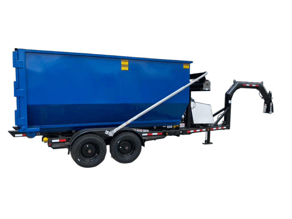 A Nedland roll off dump trailer with a blue roll off box