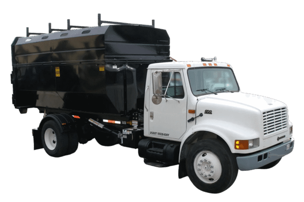 A white roll off truck with a chipper box