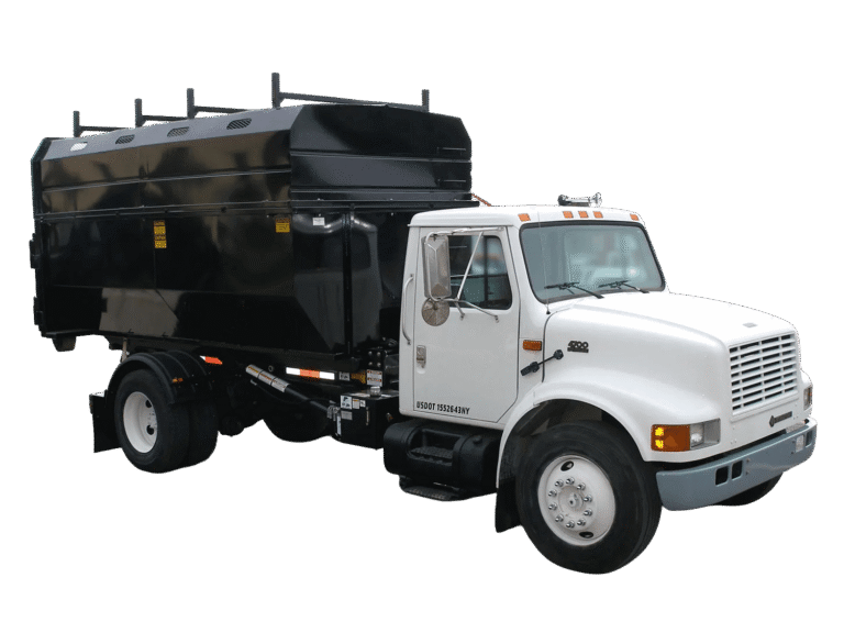 A white roll off truck with a chipper box