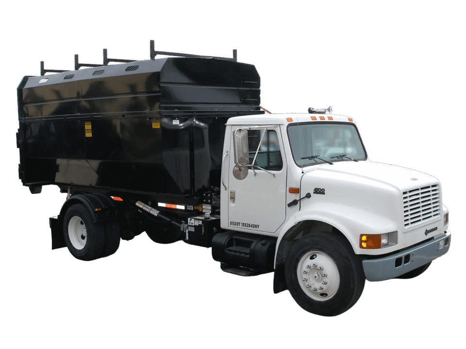 A white roll off truck with a chipper box