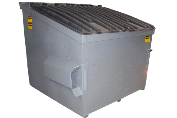 A gray Nedland steel front load dumpster