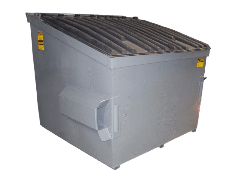 A gray Nedland steel front load dumpster