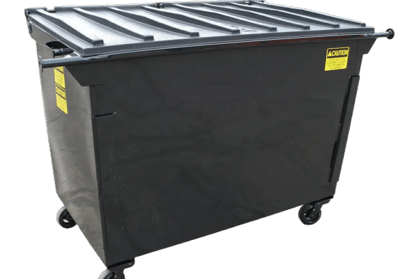 A dark brown Nedland steel rear load dumpster