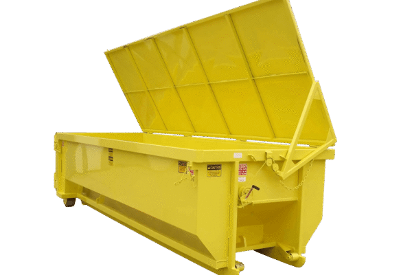 A yellow Nedland roll off dumpster with lid