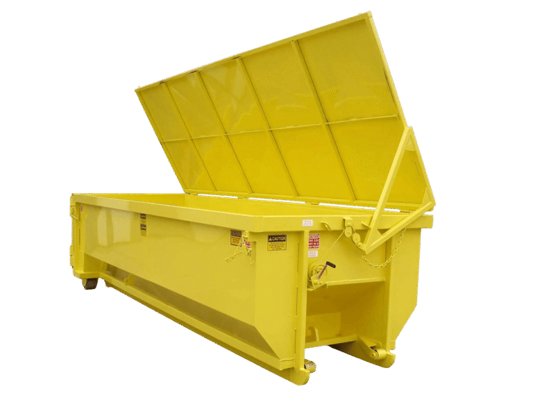 A yellow Nedland roll off dumpster with lid