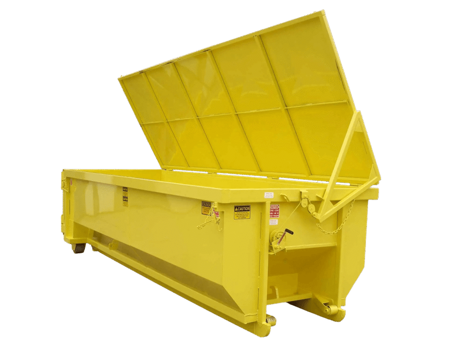 A yellow Nedland roll off dumpster with lid
